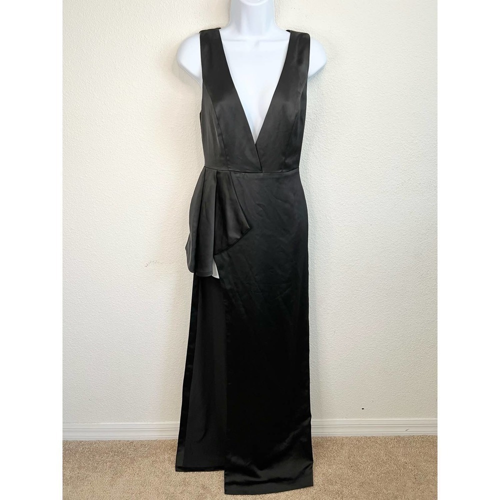 Lovers & Friends Black Satin Maxi Dress Women's XS Deep V-neck High Slit Formal